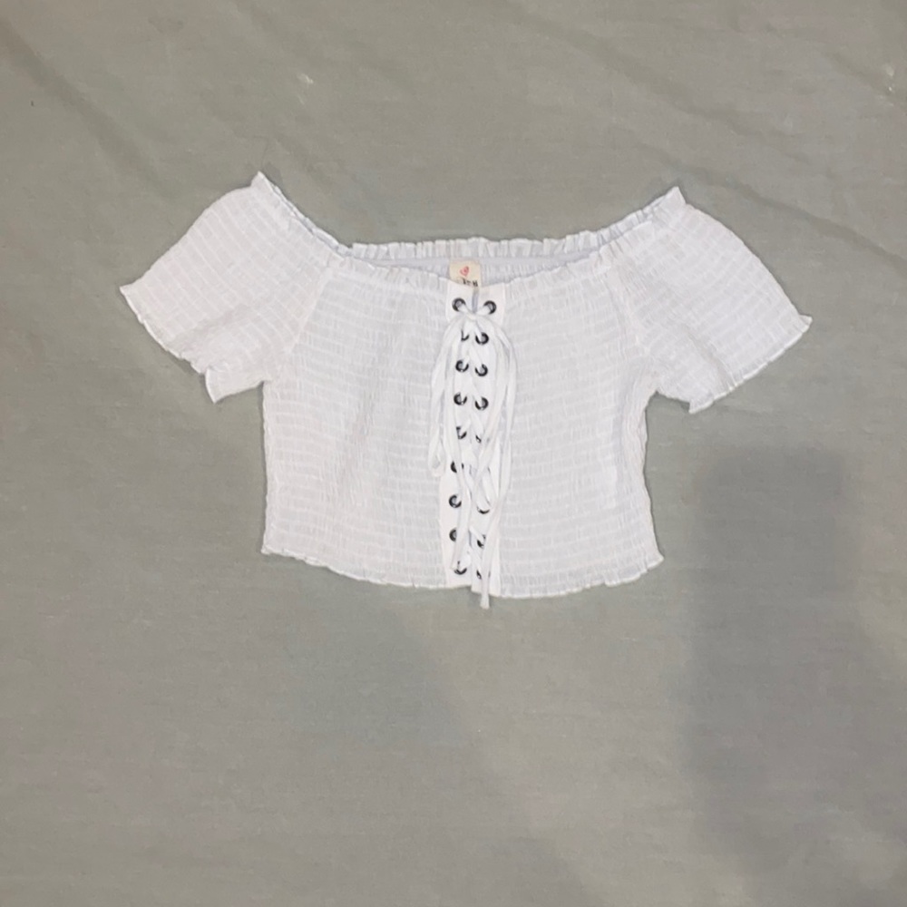 IJOAH Lace Up Off the Shoulder White Crop Top